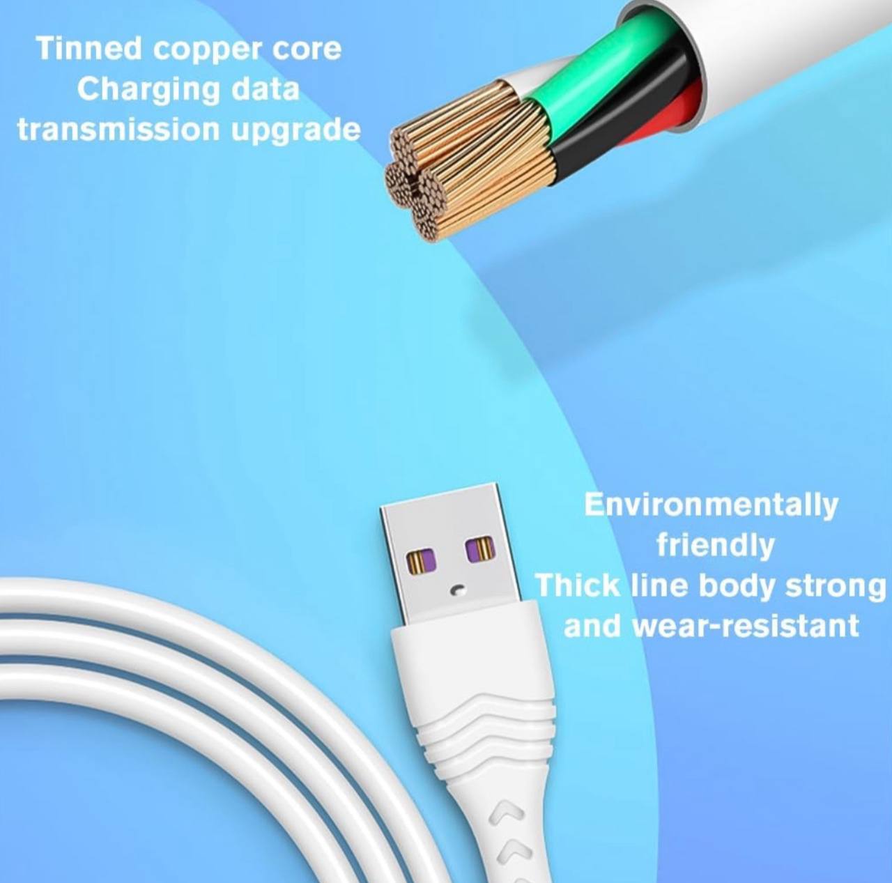 مخطط توضيحي لأسلاك النحاس المعالجة بالقصدير في كيبل 25w 3A Super Fast Cable USB to Micro USB 2M