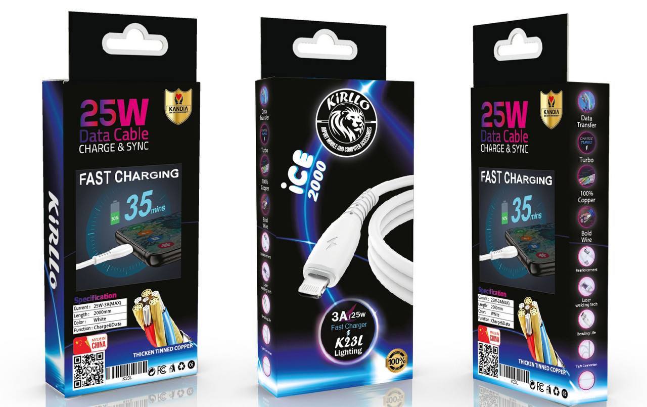 صورة كيبل USB TO MICRO USB 25W 3A Super Fast مع عبوته وتفاصيل الشحن السريع