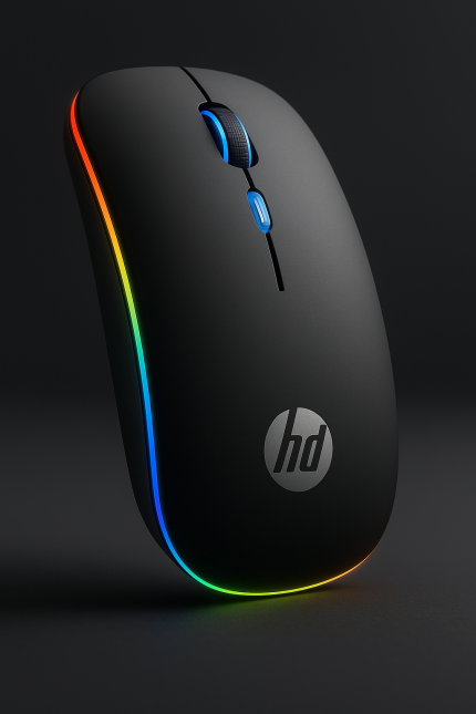 ماوس لاسلكي أسود من ماركة HD بإضاءة RGB جانبية متعددة الألوان (أزرق، أحمر، أخضر) مع تصميم أنيق وجودة عالية، يظهر شعار HD بوضوح على سطح الماوس وإضاءة العجلة باللون الأزرق، بخلفية داكنة احترافية.